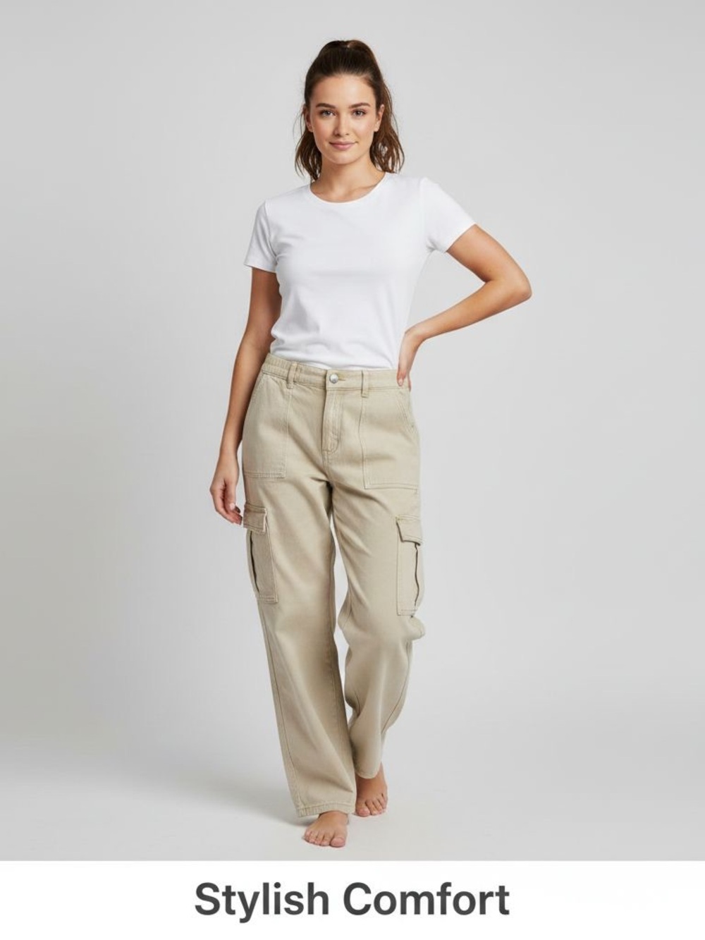 Beige Cargo Boot-Cut Pants